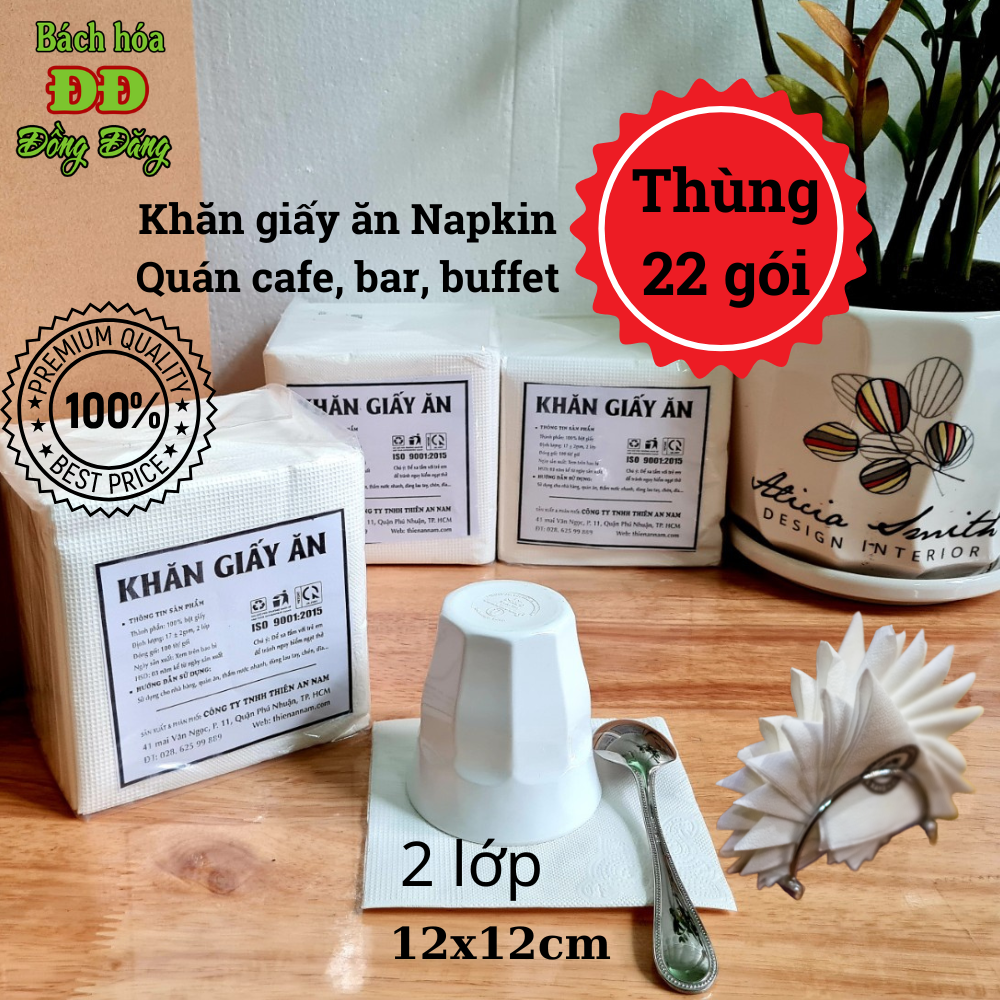 Thùng (22 gói) khăn giấy ăn vuông 12cm cao cấp NK24 (100 tờ/ gói x 2 lớp) - có ép hoa văn