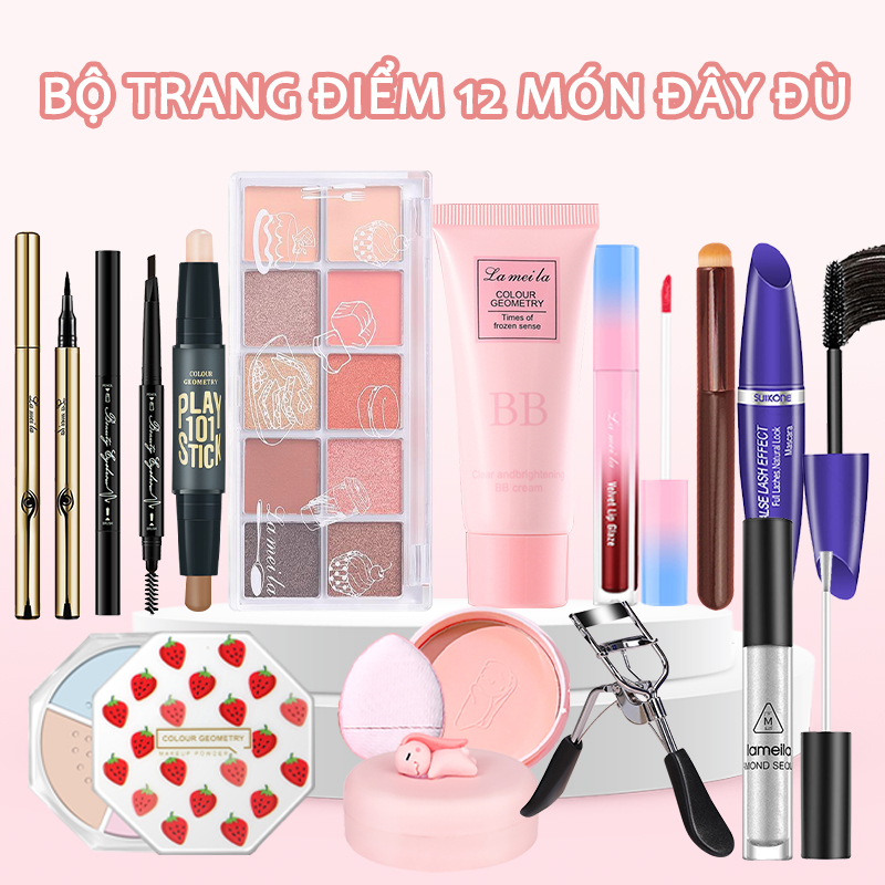 Bộ trang điểm đầy đủ chính hãng-12 món LAMEILA Lip Glaze Kem BB/Kẻ mắt/Mascara/Son môi/Bảng phấn mắt 12 màu/Chì kẻ mày/Phấn má hồng