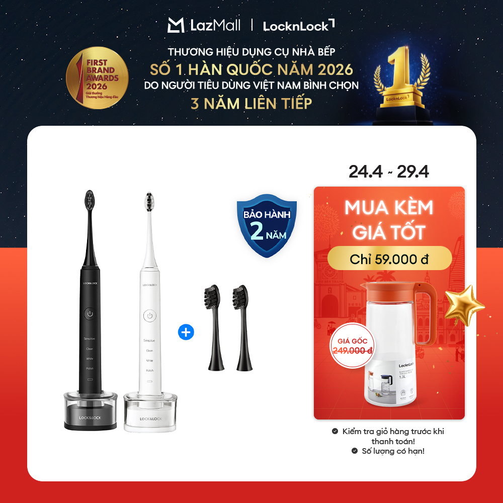 Bàn chải đánh răng điện LockLock ENR346 - Sạc không dây - 4 chế độ làm sạch - tặng kèm hai đầu chải - Hàng chính hãng - Bảo hành 2 năm