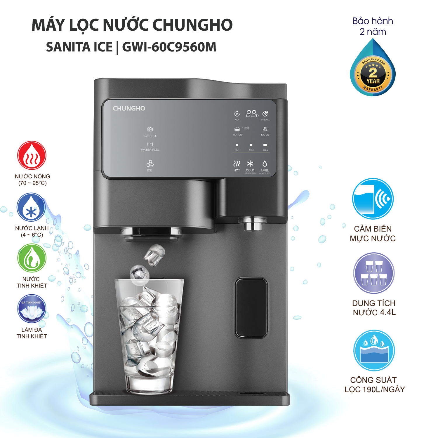 Máy lọc nước ChungHo Sanita ICE GWI-60C9560M Máy lọc nước làm đá khử trùng, Máy lọc nước nóng-lạnh-nguội