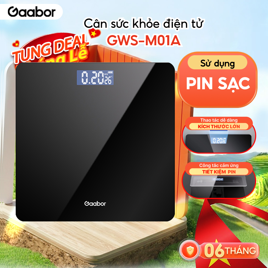 [HỎA TỐC HCM] Cân sức khỏe điện tử Gaabor GWS-M01A thông minh màn hình LED dùng pin sạc - Kèm dây sạc USB  + Thước dây - Hàng chính hãng - Bảo hành 1 đổi 1