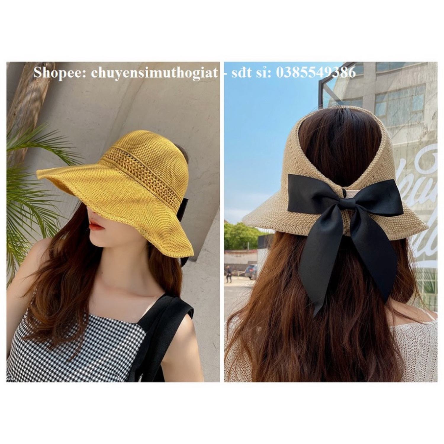 Mũ cói, mũ đi biển hở chóp siêu xinh - Tặng dây quai kèm túi zip