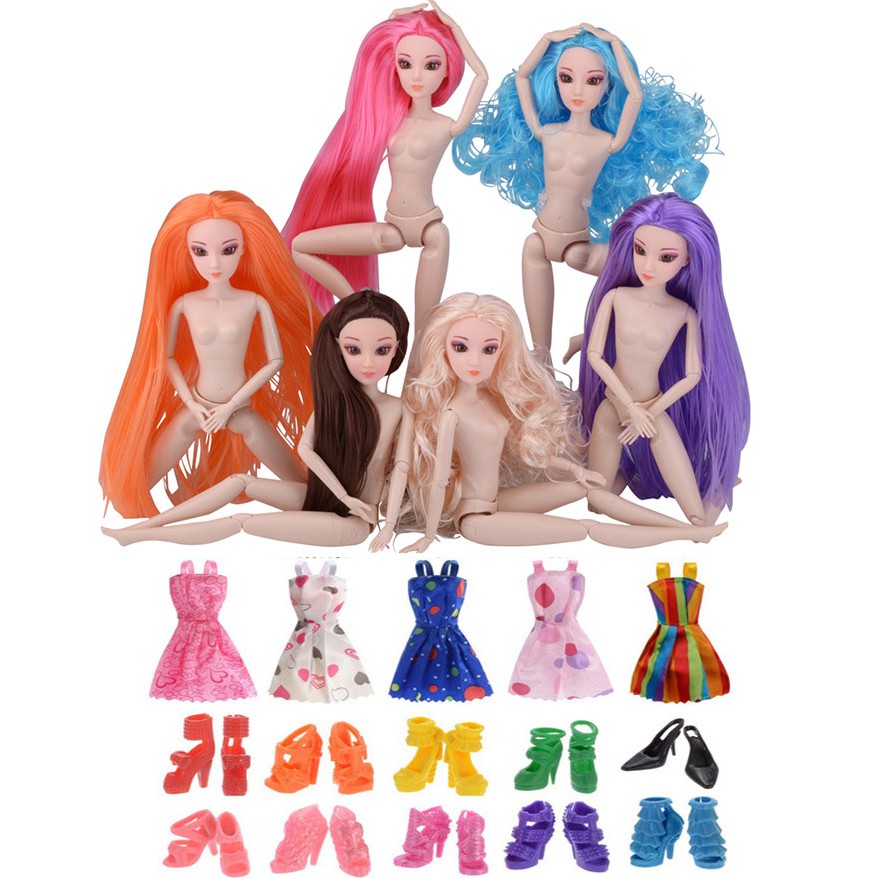 Combo Bộ 02 Búp Bê 12 Khớp Trơn 3D Tóc Sắc Màu  (Tặng 5 Váy Ngắn + 10 Đôi Giầy)