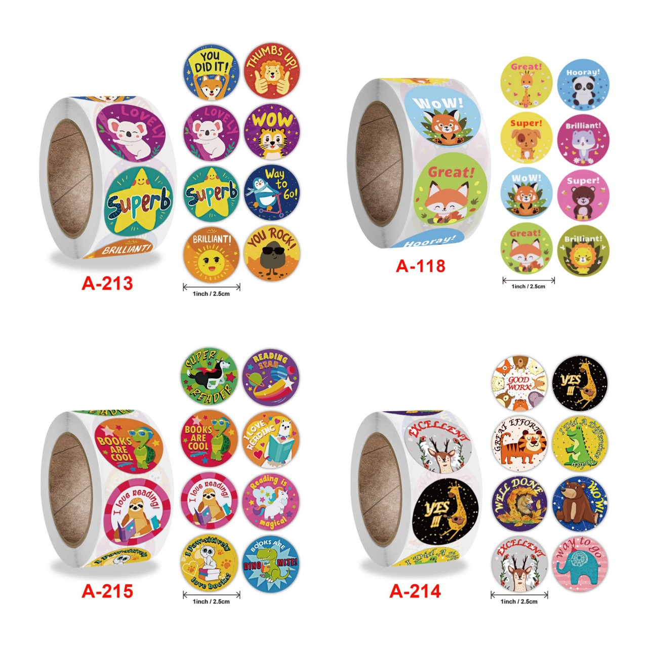 Cuộn 500 tem Sticker Khen thưởng Hình thú dễ thương cho bé - 2.5cm