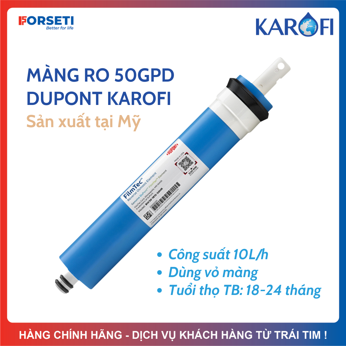 Màng RO 50GPD Dupont Filmtec KAROFI - Lõi lọc nước số 4 lọc sạch vi khuẩn, cho nguồn nước đầu ra hoàn toàn tinh khiết... (Màng Dow đổi tên thành màng Dupont)