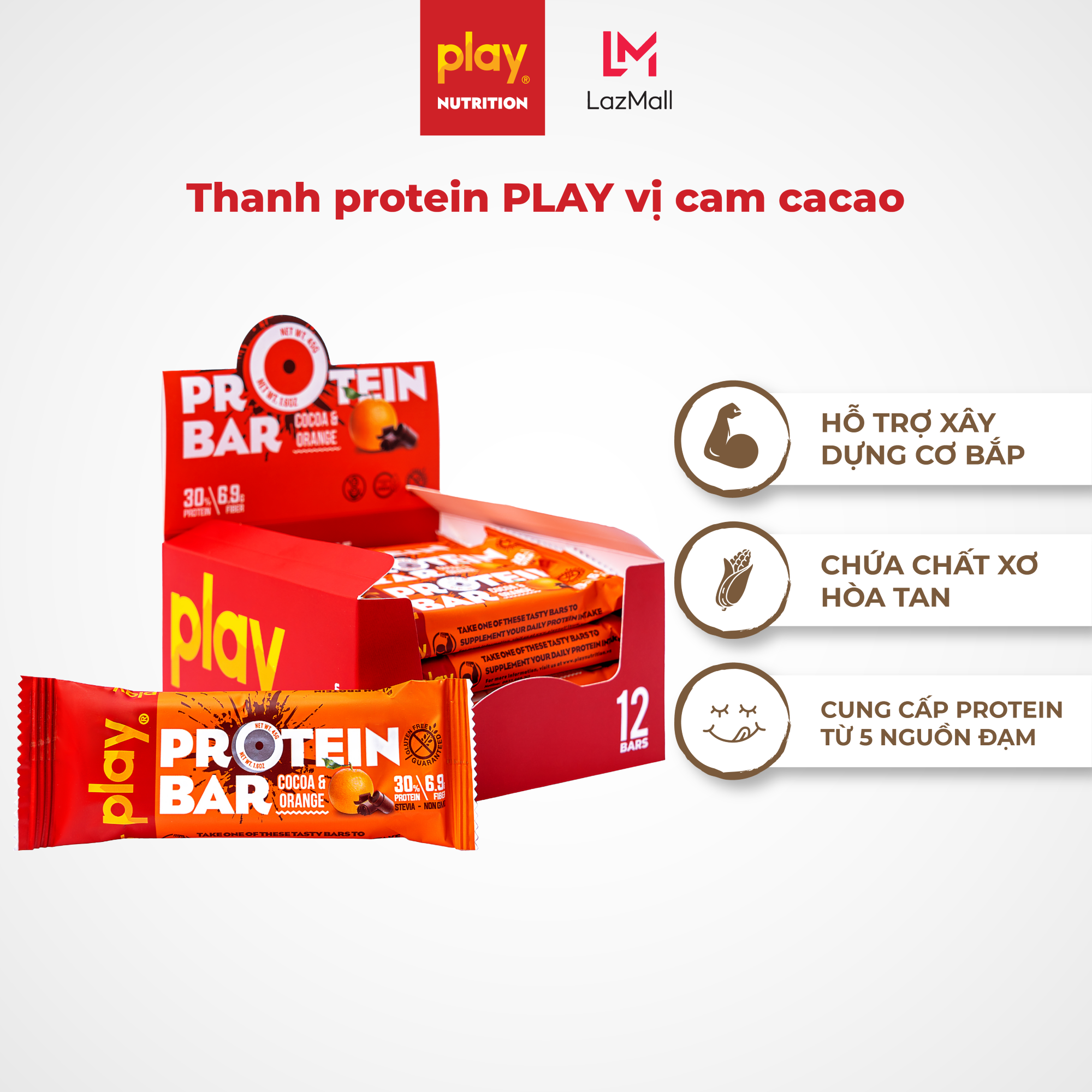 Thanh protein PLAY vị cam cacao - Bánh protein bar bổ sung đạm, phù hợp ăn kiêng