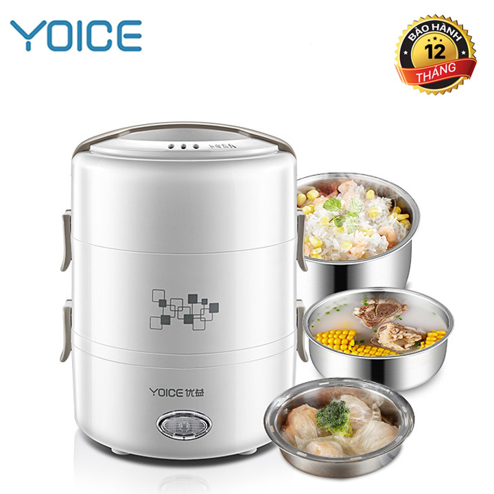 Hộp cơm giữ nhiệt, hộp cơm cắm điện văn phòng YOICE 3 tầng khay Inox, nấu được cơm. MUA 1 TẶNG 1 Ổ CHUYỂN ĐỔI 3 CHẤU SANG 2 CHẤU