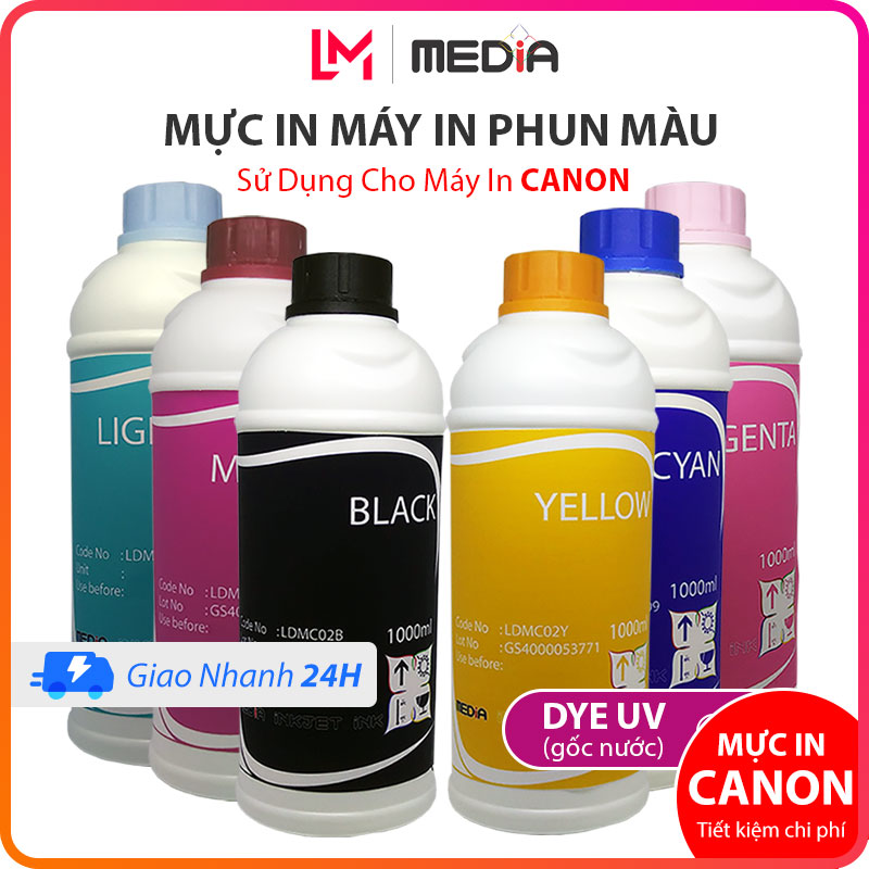 Mực in phun màu media inkjet dùng cho máy in canon, loại mực dye uv có 6 màu sắc, mực in chai lớn tiết kiệm chi phí