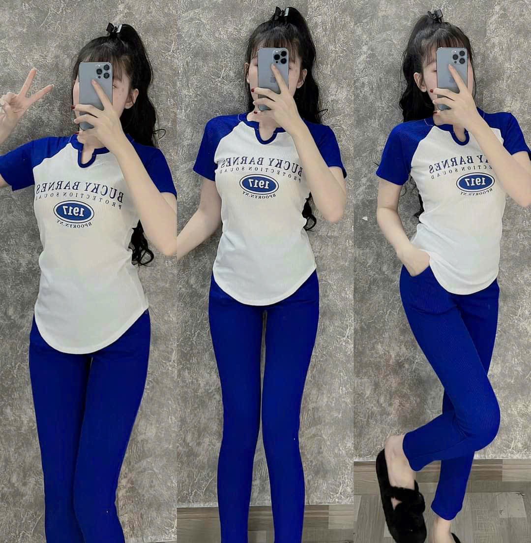 Set thun gân mịn mát - tay áo raglan phối vạt bầu - logo in nét - sp y hình