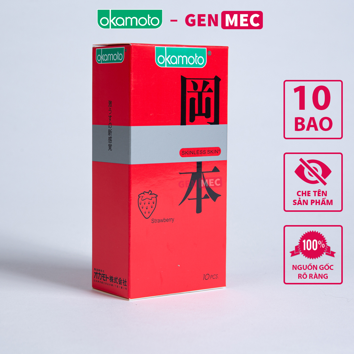 Bao Cao Su Siêu Mỏng Okamoto - Hương Dâu Nhiều GeL Bôi Trơn - BCS Okamoto Đỏ Vị Dâu Hộp 10 bao - Genmec