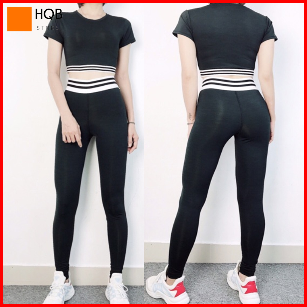 set bộ quần áo tập gym yoga nữ màu đen, đồ tập thể thao co giãn áo croptop ngắn tay quần quần dài cao cấp