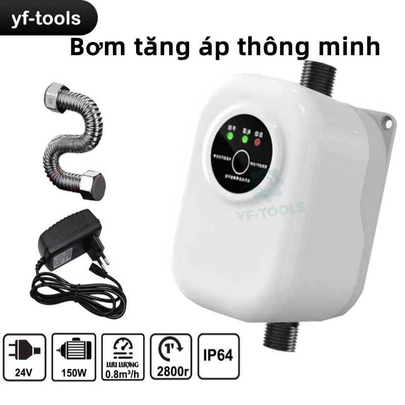 Bơm Tăng Áp Vòi Sen, Máy Giặt 150W - Dùng Cho Nước Nóng & Lạnh | Siêu Êm, An Toàn 24V | Kèm Ống Nối