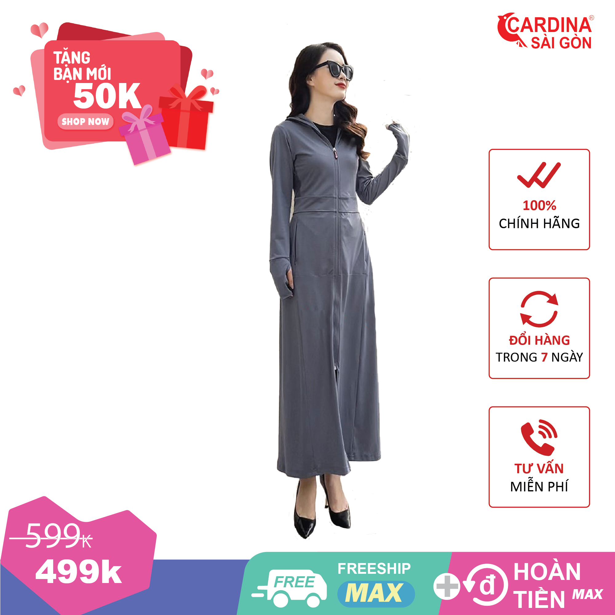 Áo chống nắng nữ toàn thân Cardina Sài Gòn xỏ ngón 2 lớp chất thun lạnh air cool Nhật bản cao cấp dày dặn thoáng khí chống tia UV hơn 97% mã 1BC