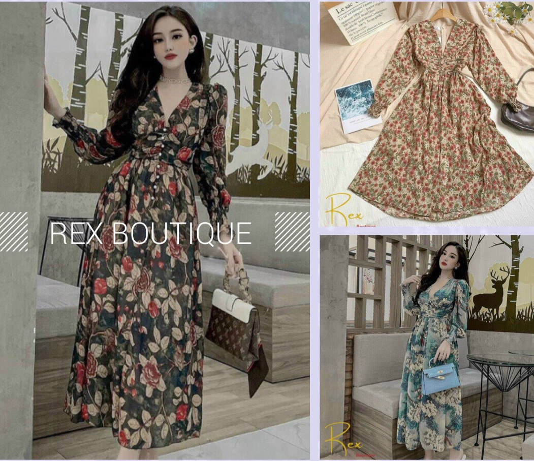 Đầm maxi voan hoa cổ V tay dài nút ngực phù hợp đi tiệc, đi chơi, dạo phố
