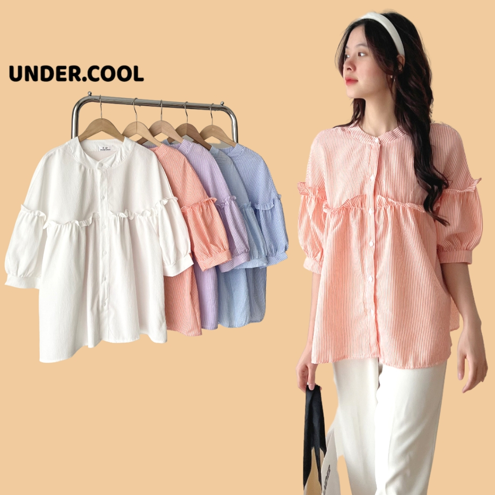 Áo kiểu nữ kẻ caro sơ mi cổ trụ tay bồng form rộng UNDERCOOL chất đũi xốp dáng dài qua đũng