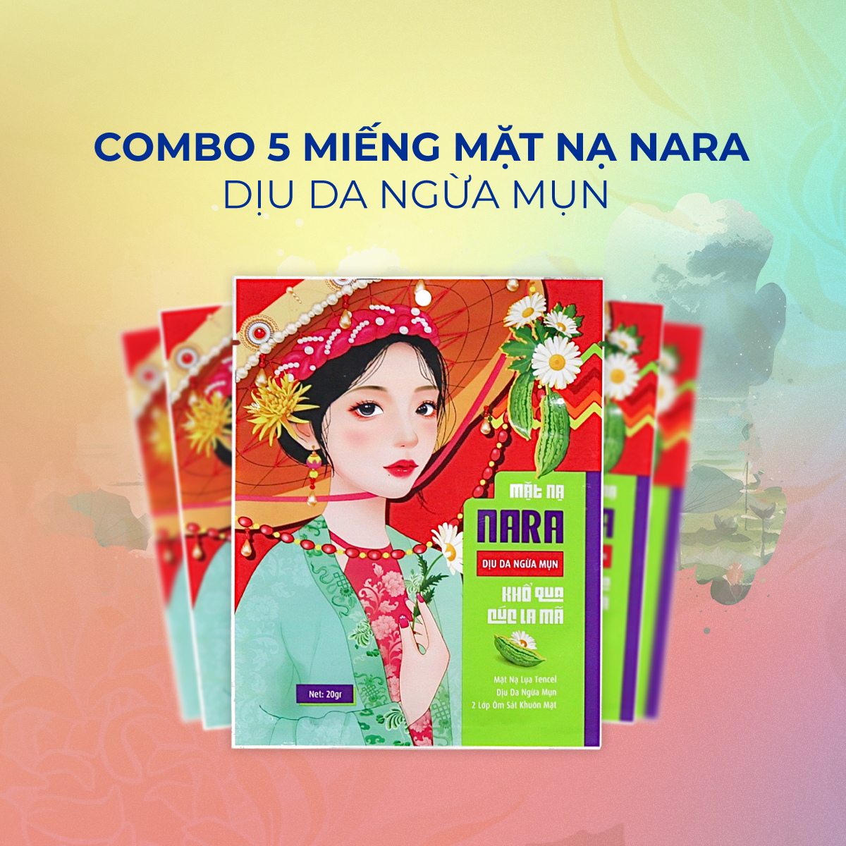 Combo 5 mặt nạ lụa giảm mụn mờ thâm dịu da nara khổ qua cúc la mã