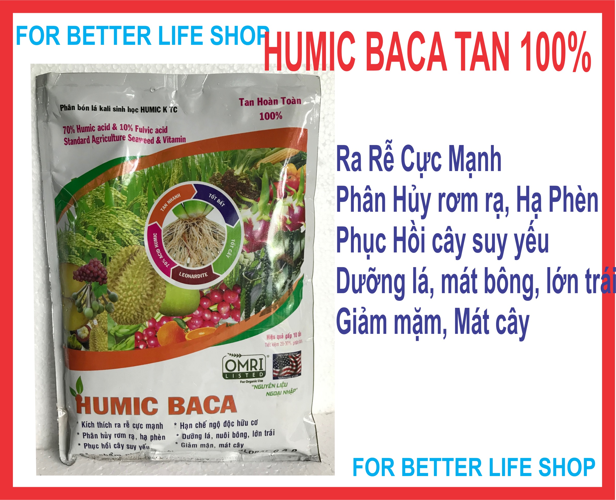 Phân bón HUMIC BACA Ra rễ cực mạnh, Phục Hòi cây suy yếu, Xanh Lá, Mát Bông, Lớn Trái (1kg)