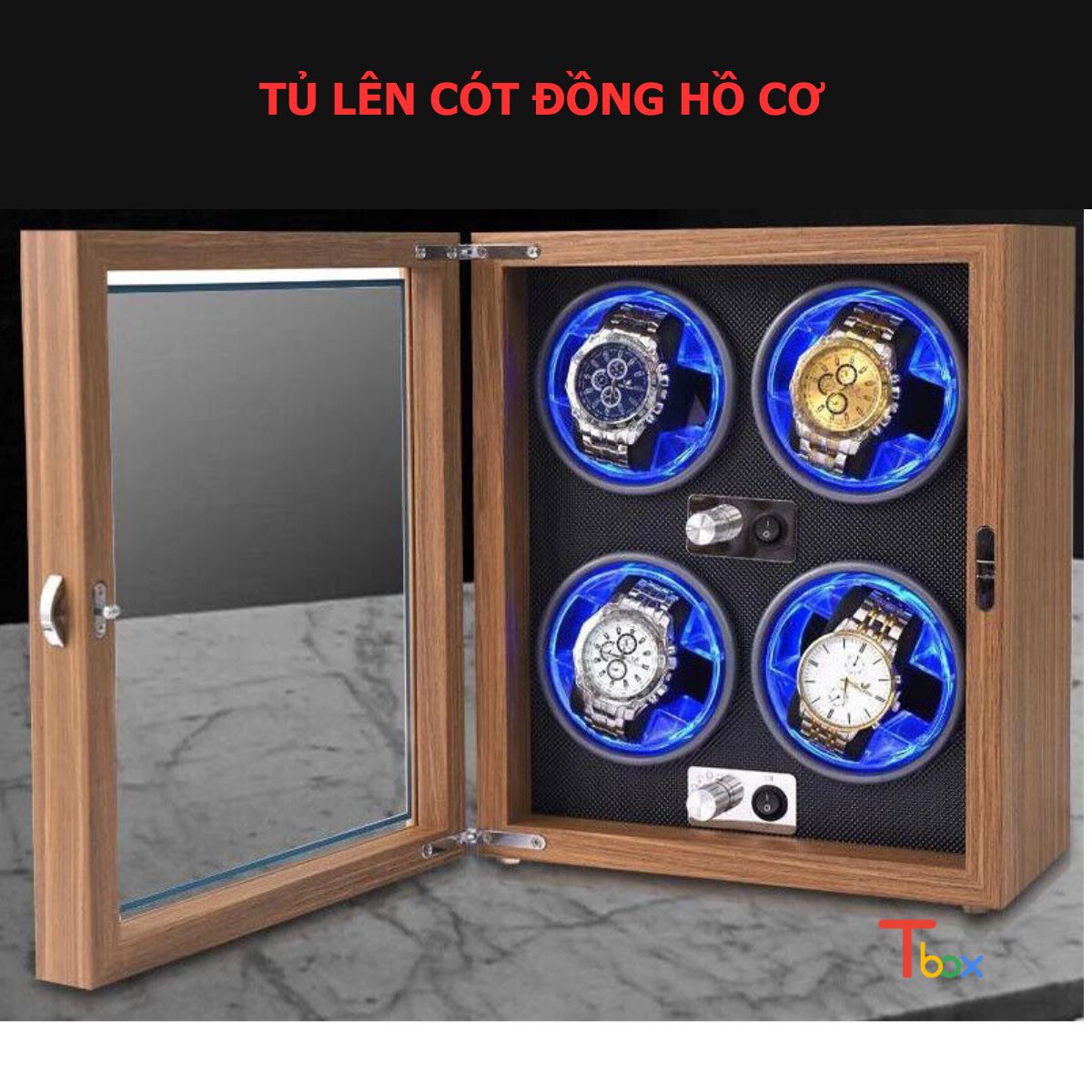 Hộp xoay đồng hồ cơ, hộp lên cót cho 4 đồng hồ bằng gỗ, với 5 chế độ, đèn led sang trọng