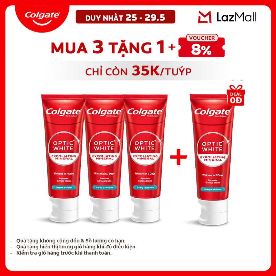 [Chỉ 25-29.5_Mua 3 tặng 1] Bộ 3 Kem Đánh Răng Colgate trắng răng Optic White cho răng sáng bóng từ tinh thể khoáng trắng