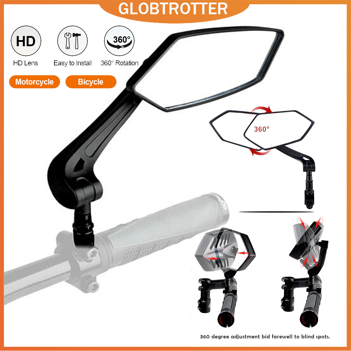 Globetrottergương chiếu hậu gắn tay lái xe đạp gương chiếu hậu hình chữ nhật hq, gương chiếu hậu xe máy bằng nhôm gương chiếu hậu đầu thanh tròn anh hùng đua xe thông dụng
