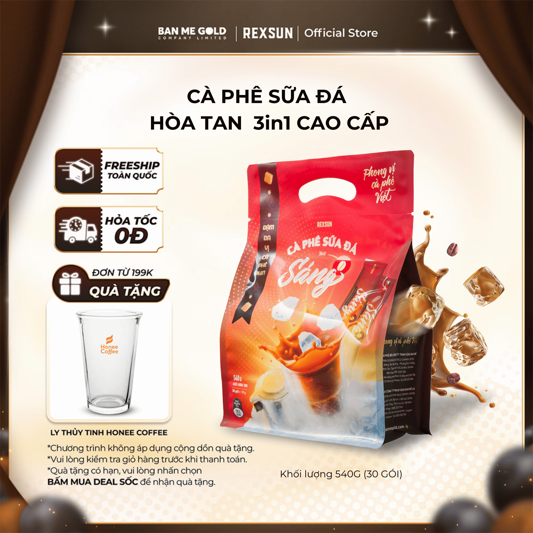 TẶNG QUÀ Cà Phê Sữa Đá 3in1 Tiện Lợi - Sáng - Túi 540g 30 gói - Cafe Hòa Tan Sữa Đá Ban Me Gold - Rexsun