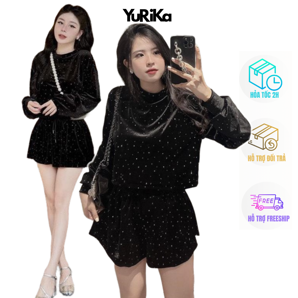 Set Áo Quần chất Nhung đính đá sang trọng YuRi 2018 - Set Áo tay dài kèm quần ngắn