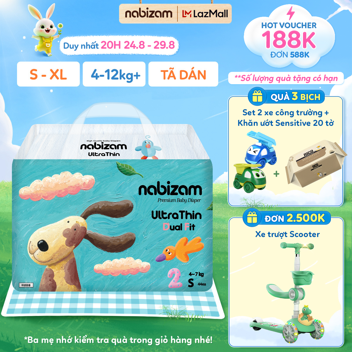 Combo 3 bịch tã bỉm dán nabizam hàn quốc cao cấp dòng ultra thin, thoáng khí, thấm hút tối đa, mềm mỏng size 4-15kg s44/m40/l36/xl32 cho bé