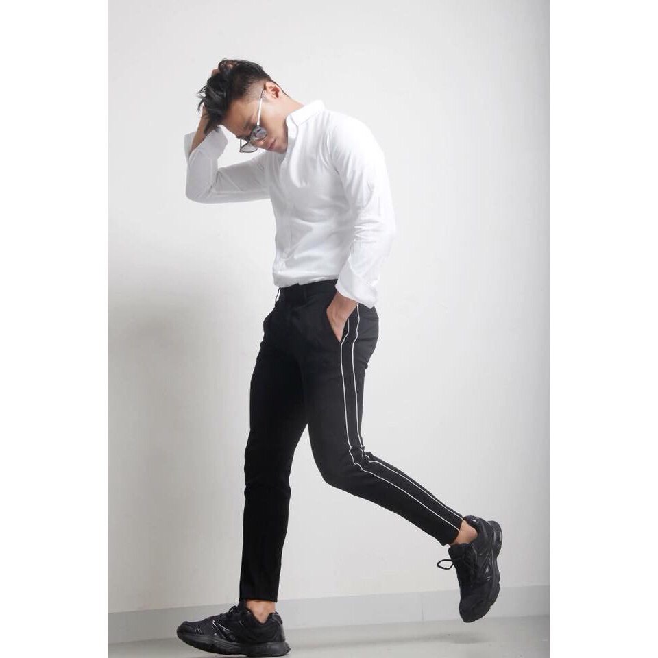 Celeb quần tây nam đen phối 2 sọc trắng