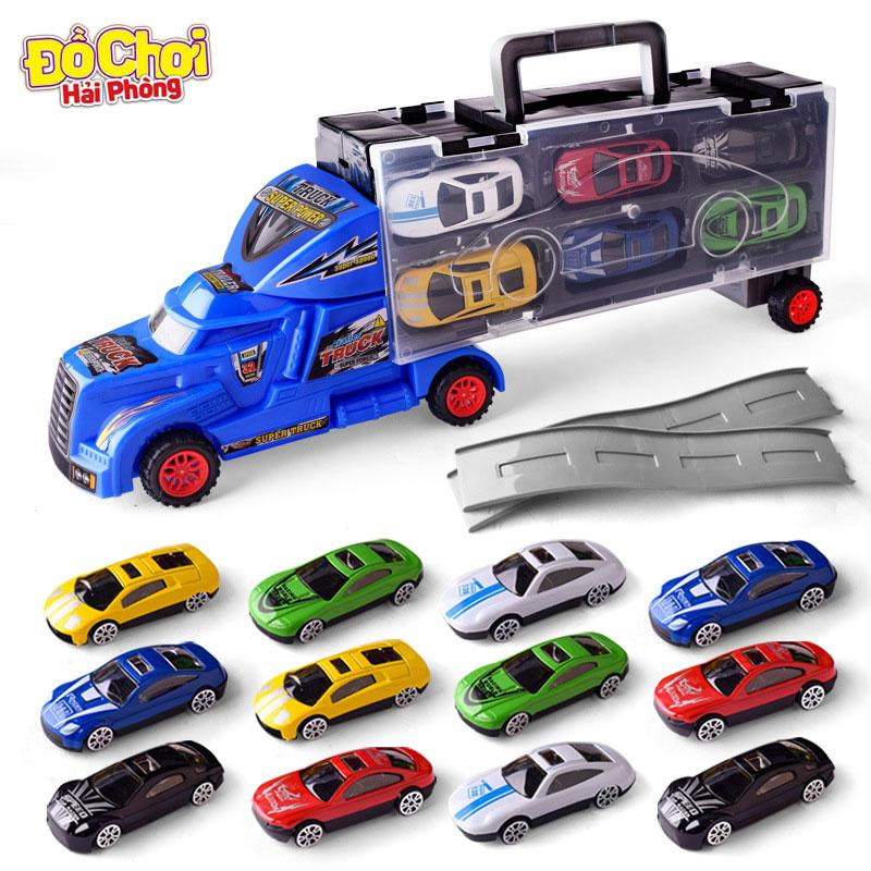 Bộ đồ chơi trẻ em xe oto tải container chở 12 ô tô con cho bé - đồchơitrẻem