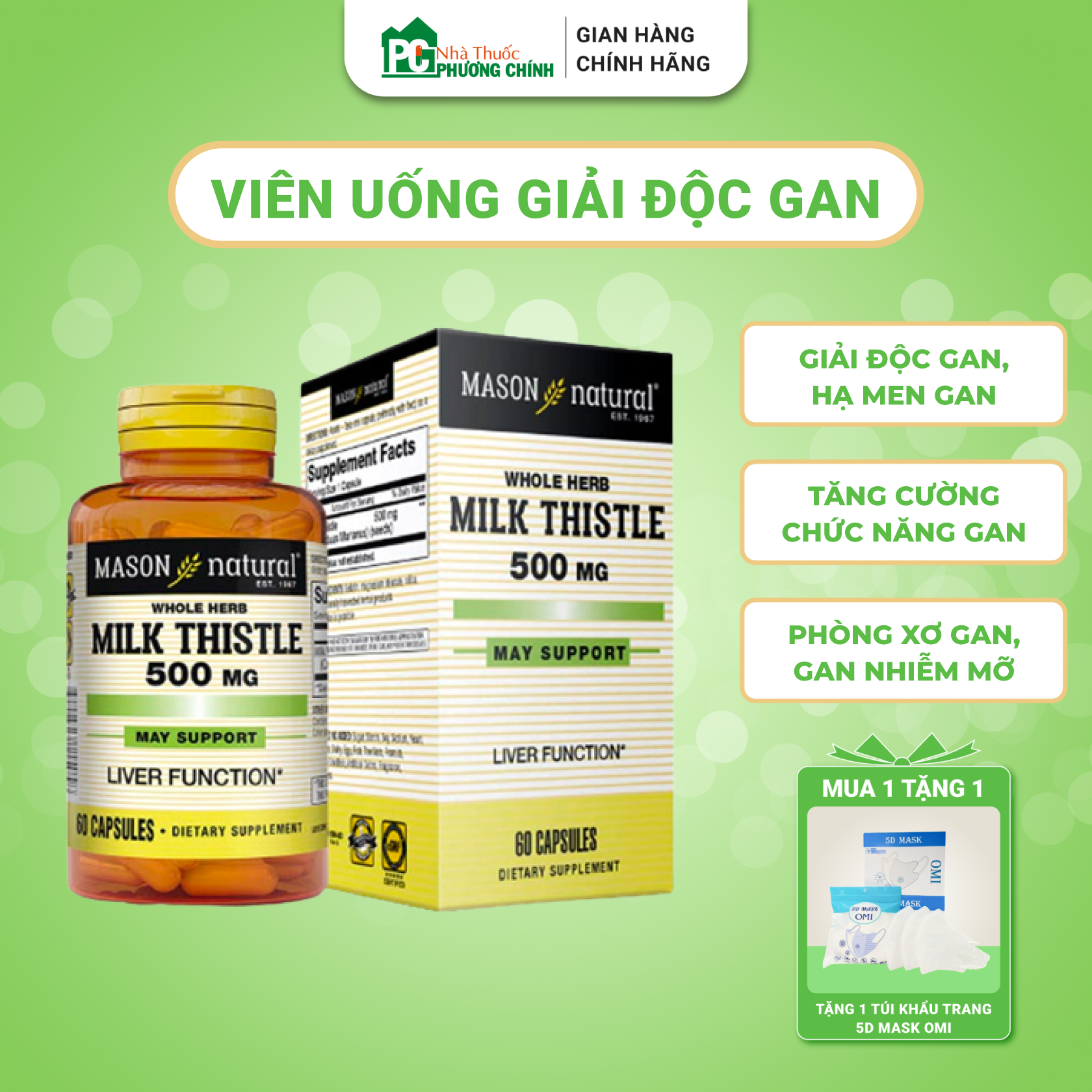Viên uống giải độc gan mason natural milk thistle 500mg - giúp giải độc gan, hạ men gan