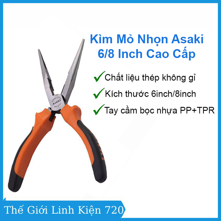 Kìm mỏ nhọn asaki 6/8 inch cao cấp