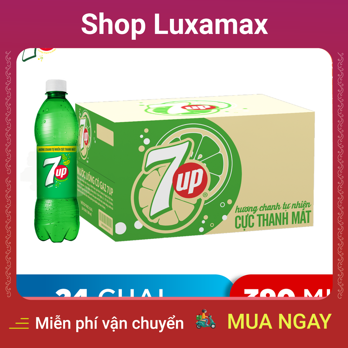 Thùng 24 Chai Nước Ngọt Có Gas 7Up (390ml / Chai) DTK1379983 - Shop LuxaMax - 24 bottles of freshwater with gas 7up (390ml / bottle)