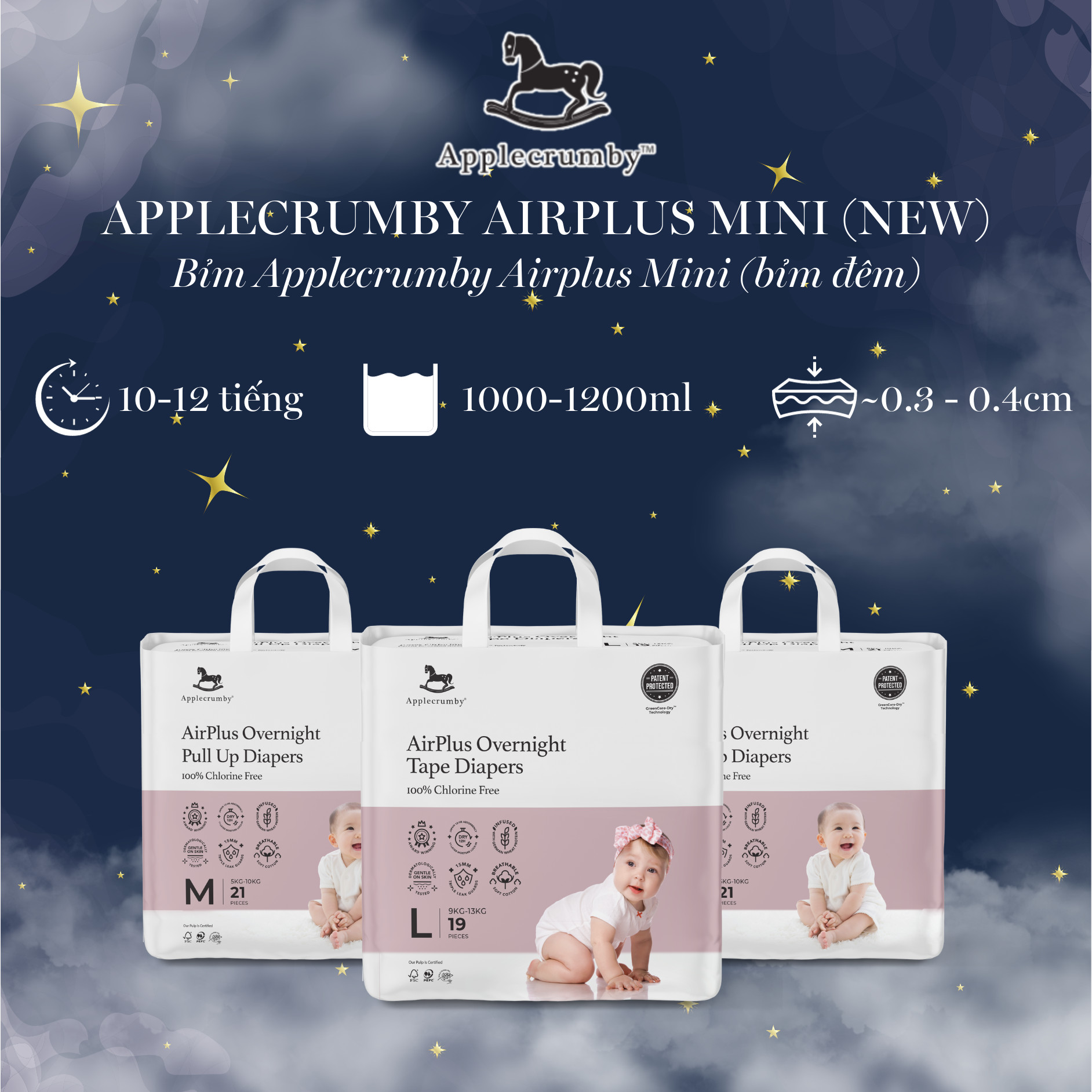 Combo 1 thùng 2 bịch bỉm dán/quần applecrumby overnight cao cấp malaysia cho bé
