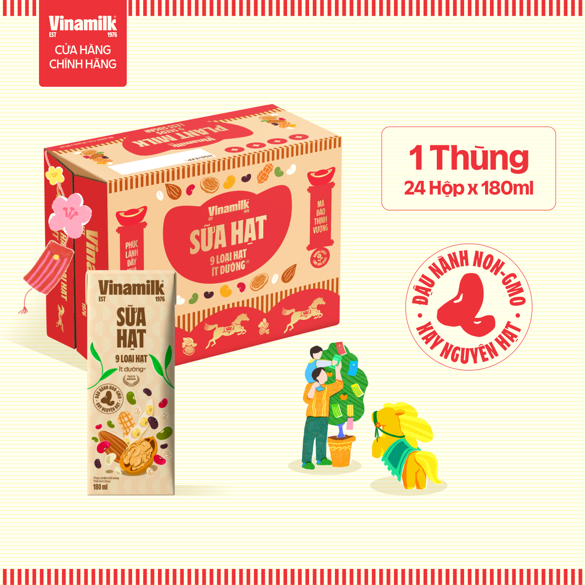 Có Thể Nhận Bao Bì Tết Thường Sữa 9 loại hạt Vinamilk - Thùng 24 hộp 180ml