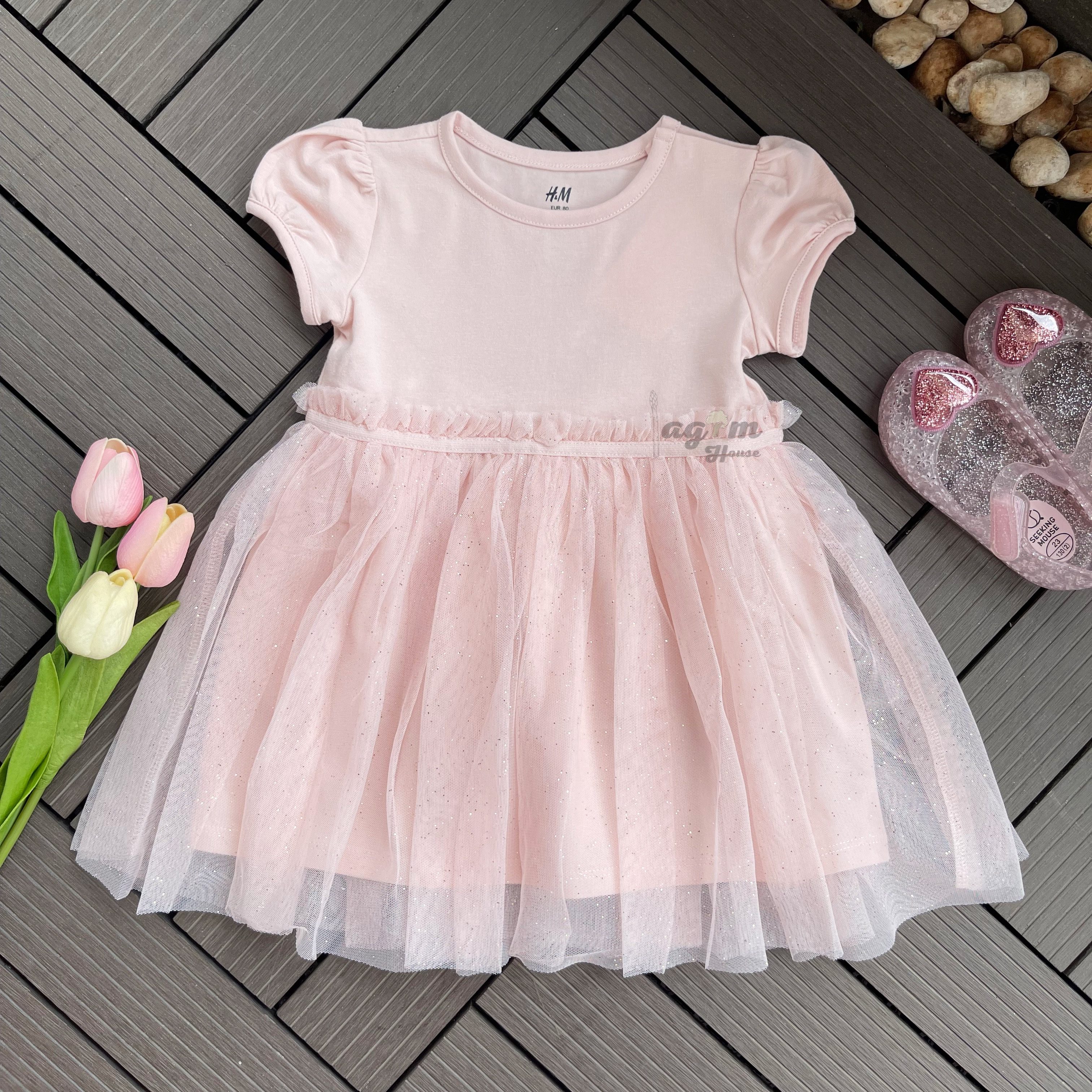 Váy hồng voan xòe nhũ kim tuyến váy công chúa HM auth cho bé gái từ 8