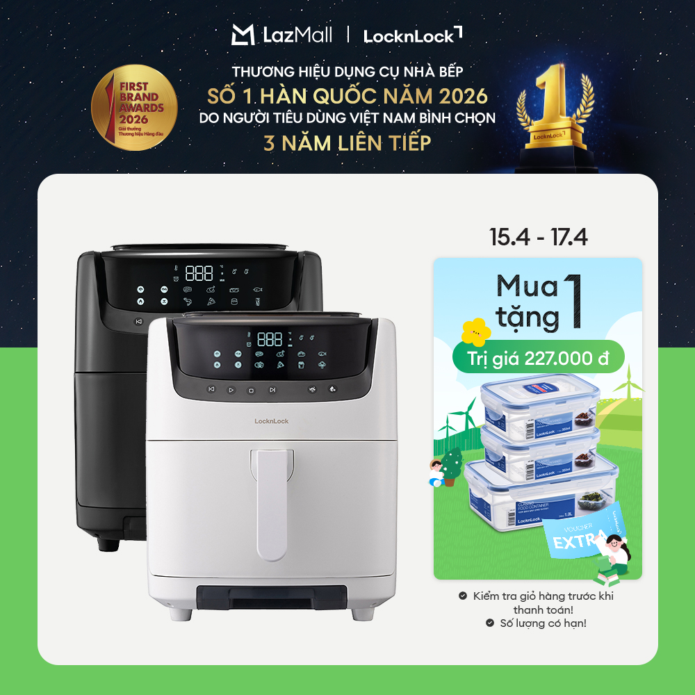 Trả góp 0% - Nồi chiên không dầu kèm hấp 2in1 LockLock 7L EJF881 - Màu Đen/Trắng - 8 chế độ nấu, Làm sạch hơi nước, Bảo hành 2 năm