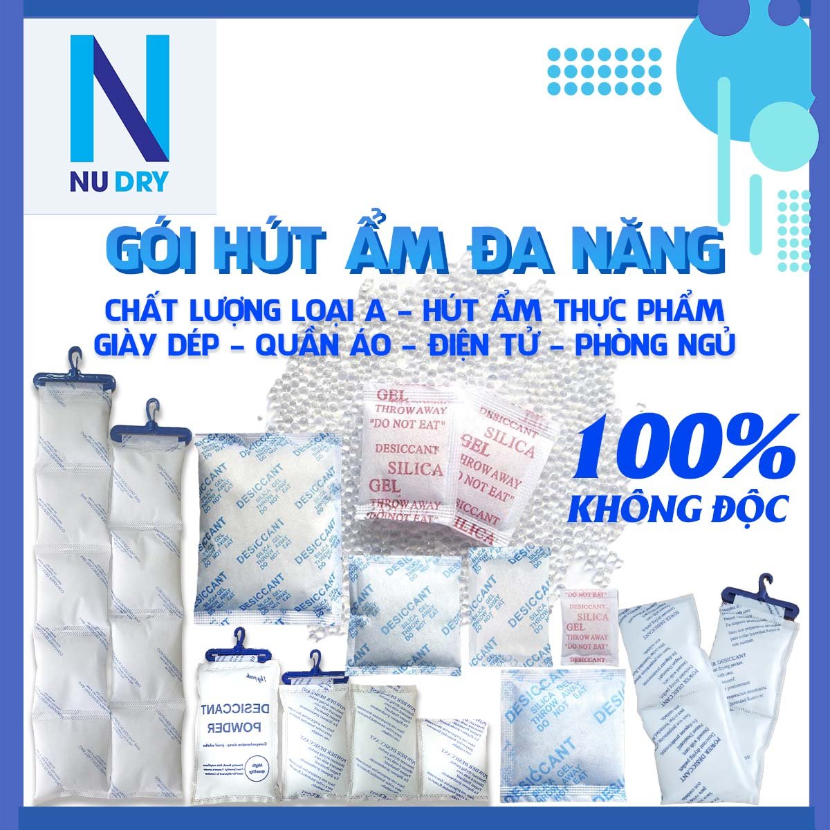 Gói hút ẩm NuDry Silicagel dùng cho thực phẩm tủ quần áo giày dép máy ảnh nhà kho đóng gói 1kg