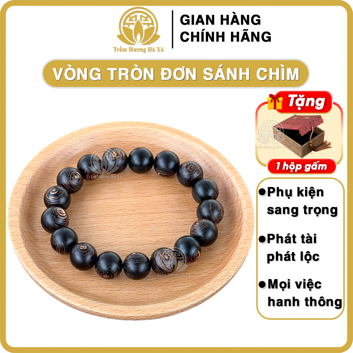 Vòng tay trầm hương tròn đơn sánh chìm đeo tay nam nữ Trầm Hương Hà Xá