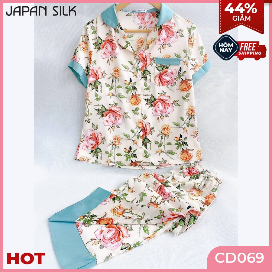 Đồ bộ nữ pyjama mặc nhà lụa nhật cao cấp cộc tay, quần dài japan silk họa tiết sang trọng