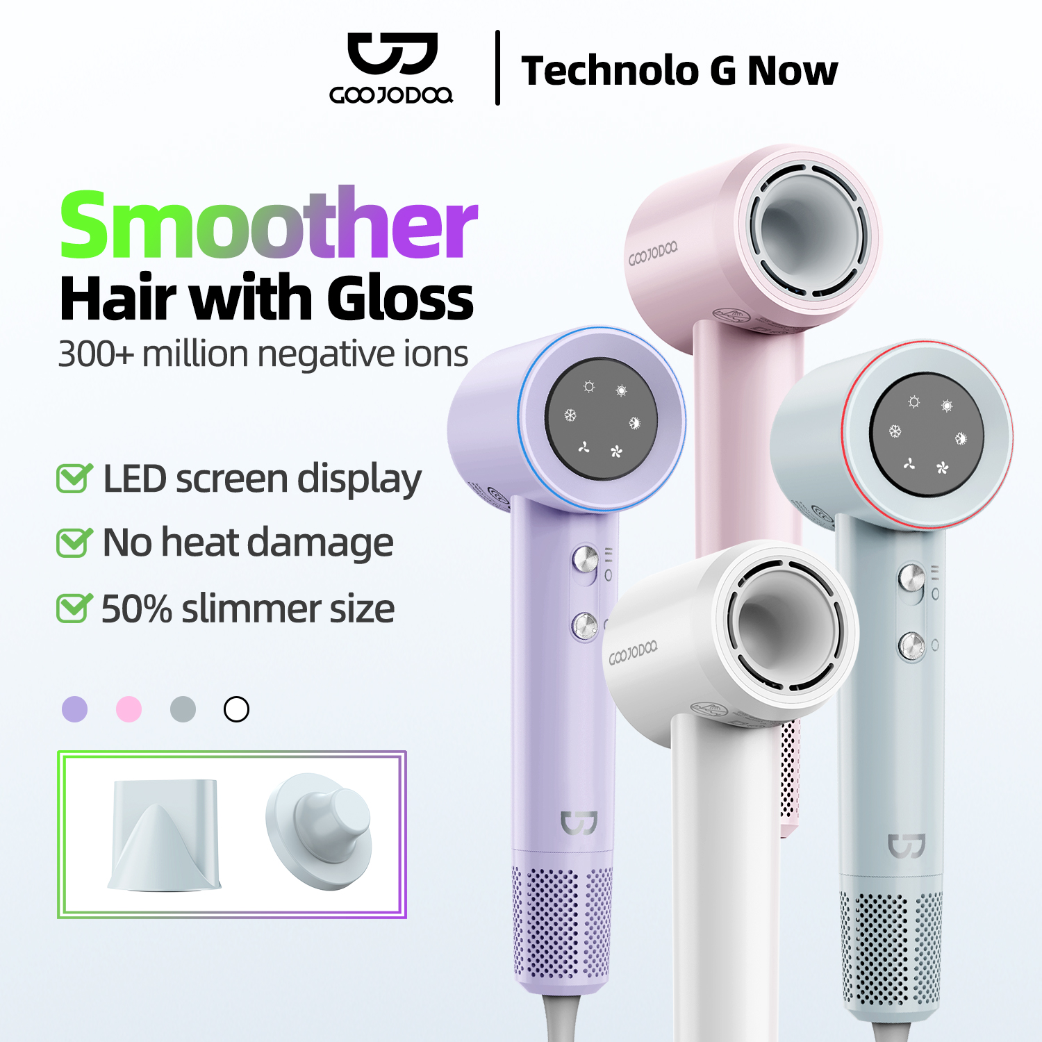 Goojodoq Gd029 Negative Ion Hair Dryer Led Battery Display, 4 Heat Settings, 2 Minutes Quick Dry, Lightweight Travel Hair Dryer
