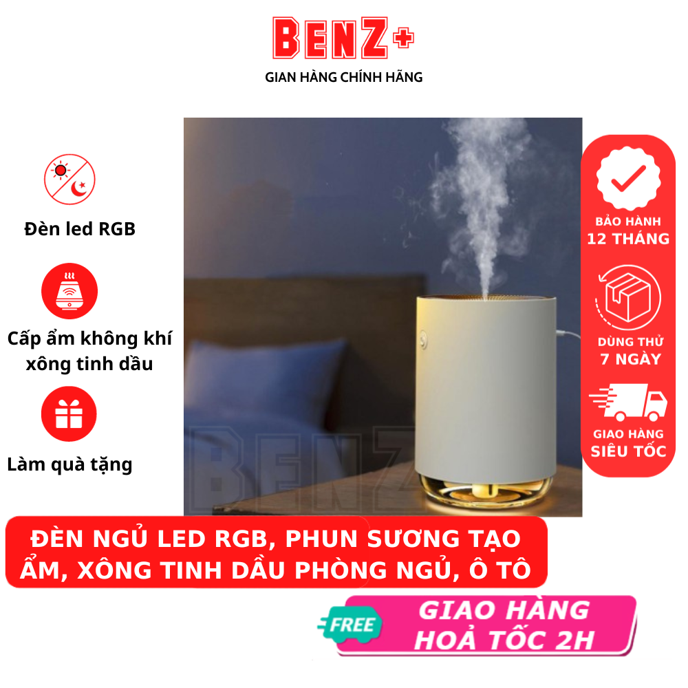 Đèn ngủ led RGB BENZ xông tinh dầu, phun sương tạo ẩm phòng ngủ, ô tô, tán hương thơm, khử mùi phòng bảo hành 12 tháng