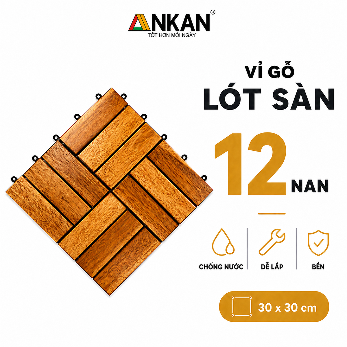 Lót Sàn Gỗ Thương Hiệu ANKAN Dùng Để Lót Ban Công Sân Vườn Dễ Dàng Lắp Đặt - Vỉ Gỗ Siêu Bền Chống Nước Tốt 12 Nan Màu Vàng Nắng