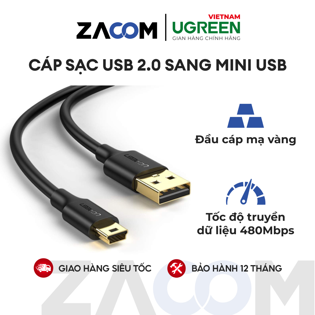 Cáp sạc usb 2.0 sang mini usb mạ vàng ugreen us132
