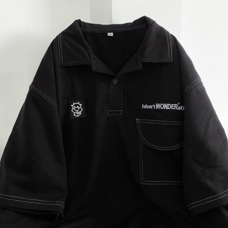 Áo thun polo tay lỡ form rộng wonder màu đen/trắng - áo thun có cổ form nam nữ unisex ❤️
