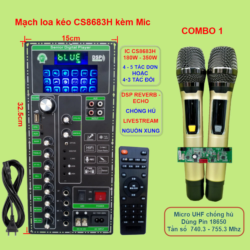 Mạch loa kéo LIVESTREAM DSP REVERB – ECHO CHỐNG HÚ IC CS8683H 180W – 350W, Loa kéo 4 – 5 tấc đơn hoặc 4 – 3 tấc đôi kèm Micro