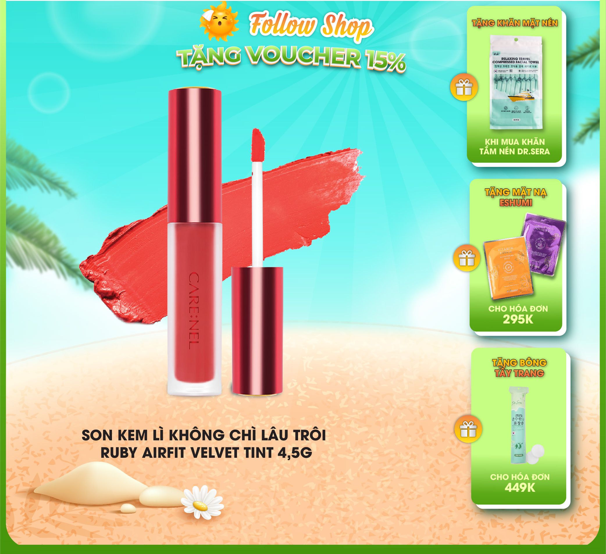 Son kem lì dưỡng môi chính hãng Hàn Quốc CARE:NEL RUBY AIRFIT VELVET TINT 4,5g