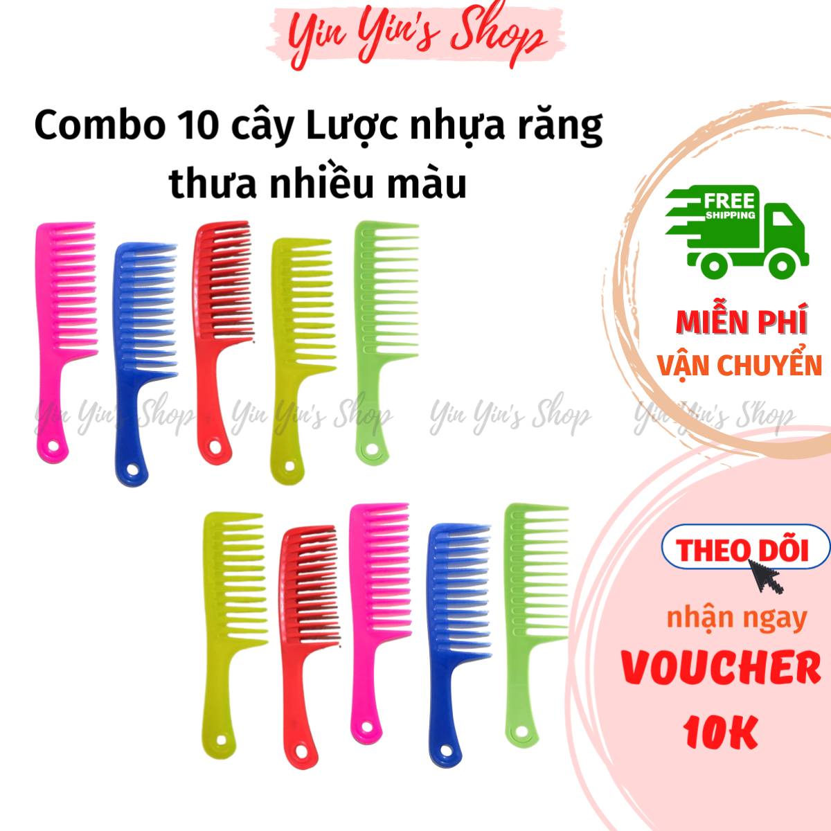 Combo 10 cây lược răng thưa, lược chải tóc xoăn hỗ trợ giảm gãy rụng tóc, sử dụng cho tóc uốn - giao màu ngẫu nhiên