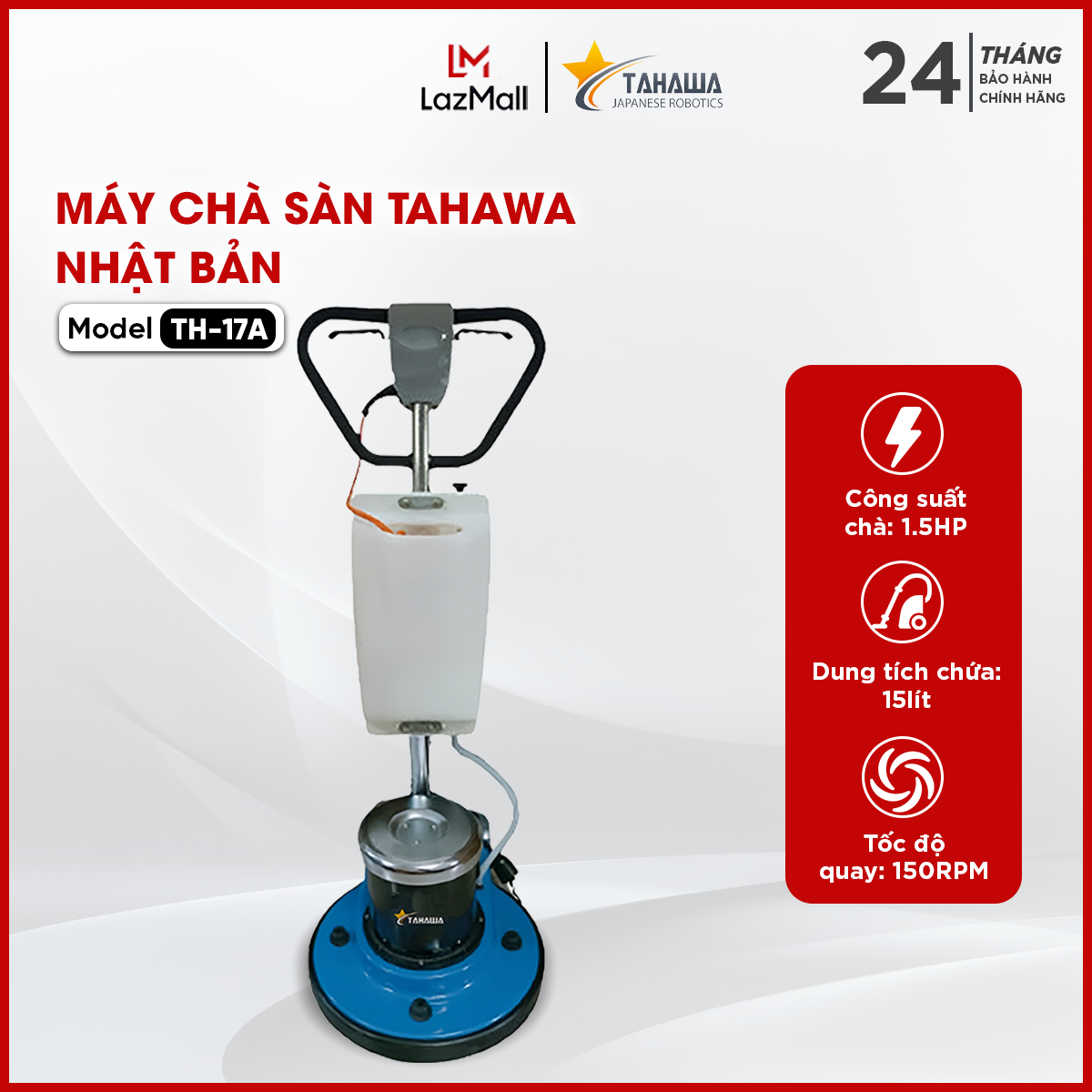 Máy mài sàn và đánh bóng sàn bê tông TAHAWA TH-17A- Công suất chà: 1,5HP - Máy chà sàn bê tông. Tốc độ quay: 150 RPM - Bảo hành chính hãng 24 tháng, 1 đổi 1 trong 30 ngày