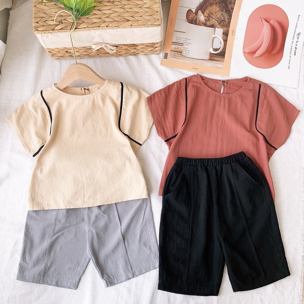 Bộ quần áo bé trai be lé vai đen, bộ đồ bé trai hàn quốc áo quần vải thô muji - dhk862