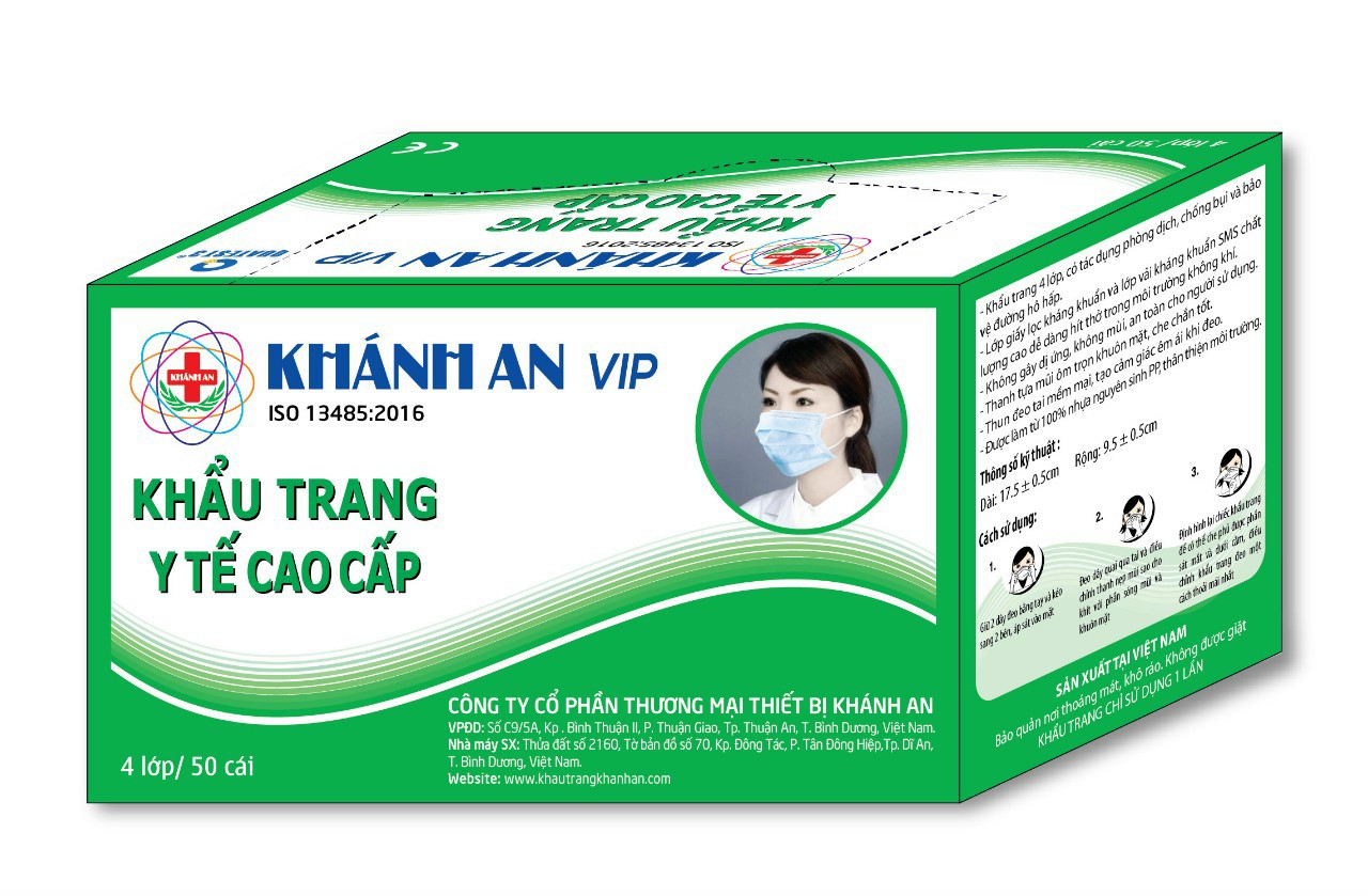 HỘP 50 CÁI KHẨU TRANG KHÁNH AN 4 LỚP KHÁNG KHUẨN (MÀU XANH)